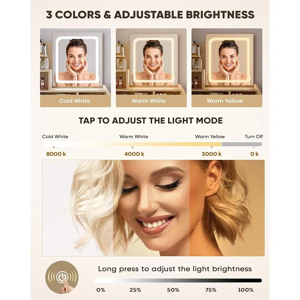 Vanity Desk con specchio quadrato e luce, marrone