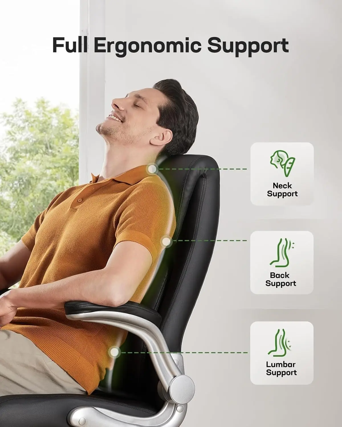Ergonomic PU-Leather Office Chair: 5 Settings Lumbar Support, Executive Office Chair Height Adjustable with Padded Flip-up Arms