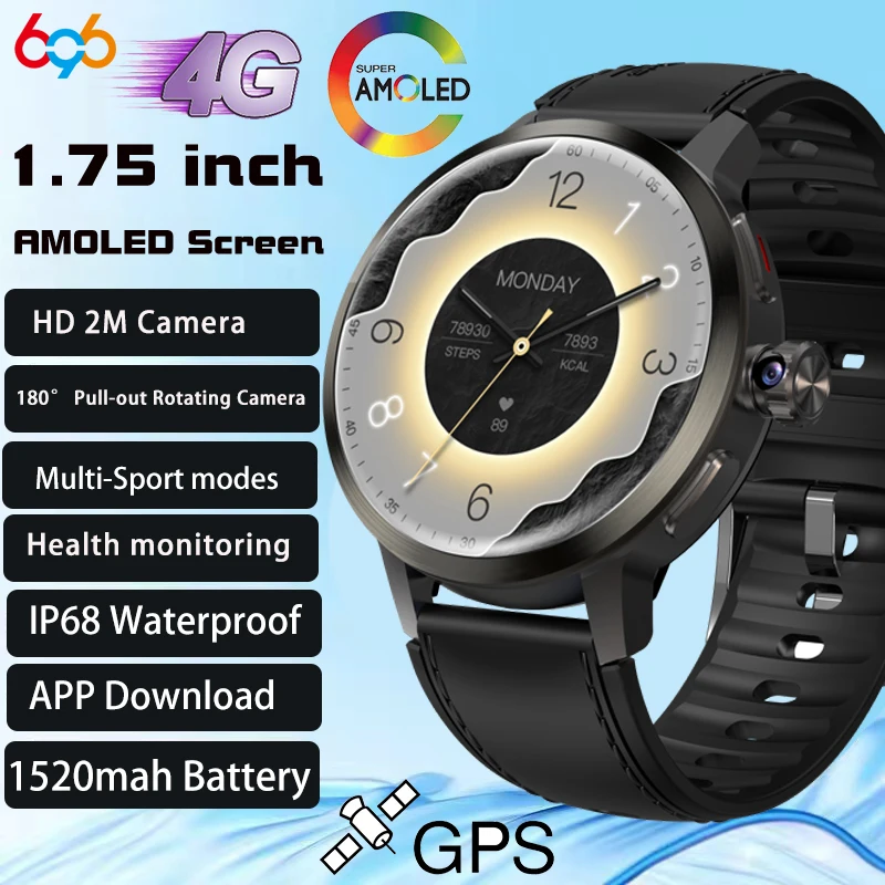 4G Full Network Smart Watch AMOLED Screen Video Call 180° Pull-out Rotating Camera Sports Waterproof GPS Wifi Health Smartwatch