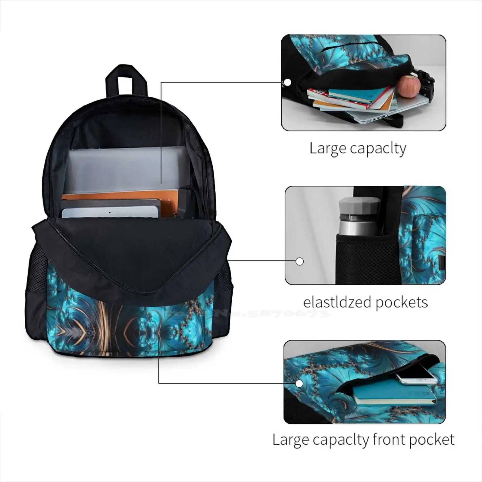 Copper And Teal Fractal Twenty-Two 3d Print Design Backpack Student Bag Teal Turquoise Fractals Copper Fractal Art Mathart