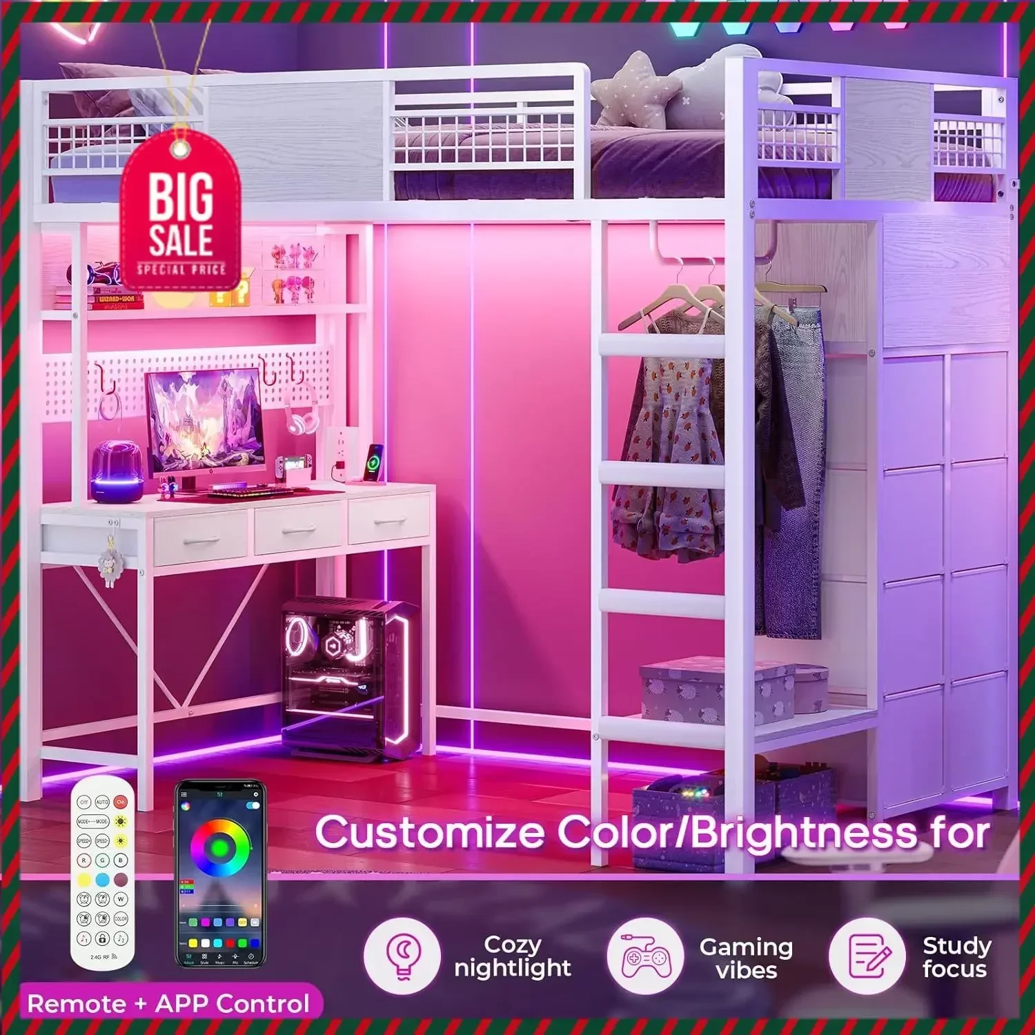 Twin Size Loft Bed with Desk, 11 Storage Drawers & RGB LED Lights, Metal Loft Bed with Power Outlet, Shelves & Clothing