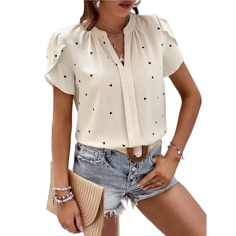 

CYL-Womens Tops Casual Chiffon Blouses Tops Short Sleeve V Neck Tunic Top Loose Shirt