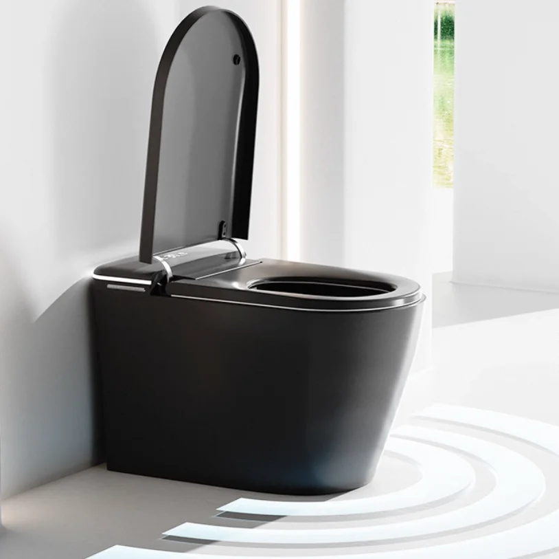 Toilet,Wall-Mounted Rimless P-Trap Elongated Bowl Ceramic Smart Toilet Seat Heating Air-Drying Black Finish Remote Control Inclu