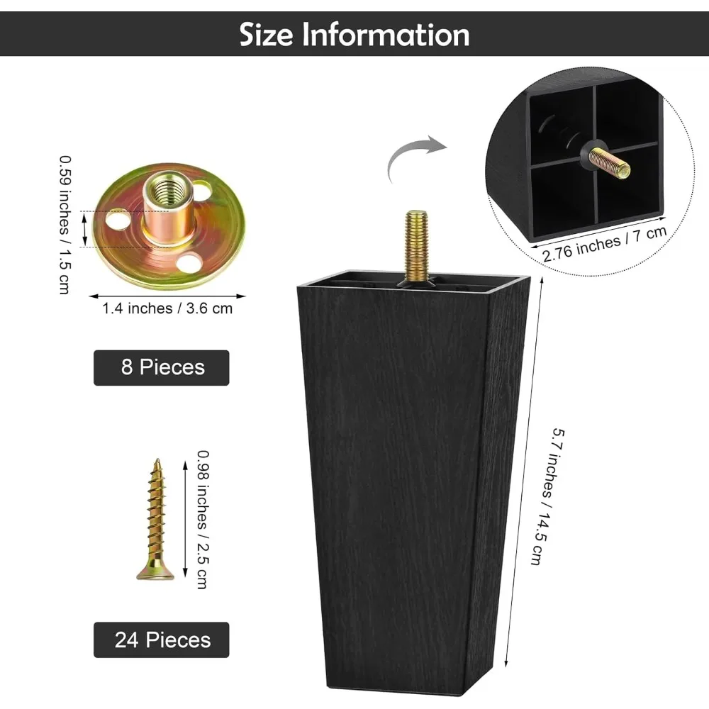 Confezione da 8 gambe per mobili da 5,7 pollici gambe per divano in plastica piedi affusolati quadrati gambe per divano con viti con dadi a T M8 per gambe divano