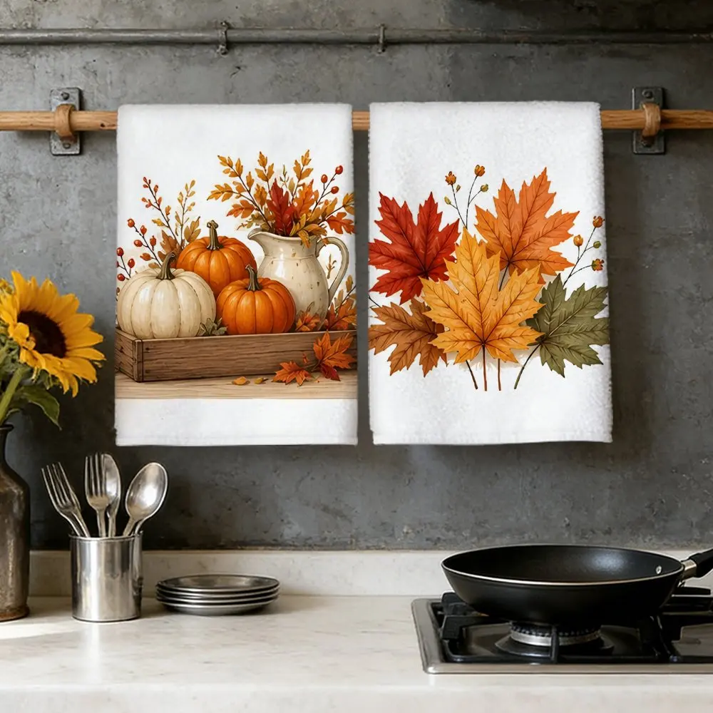 Two autumn-themed microfiber kitchen towels for kitchen and bathroom decor - super soft absorbent tea towels