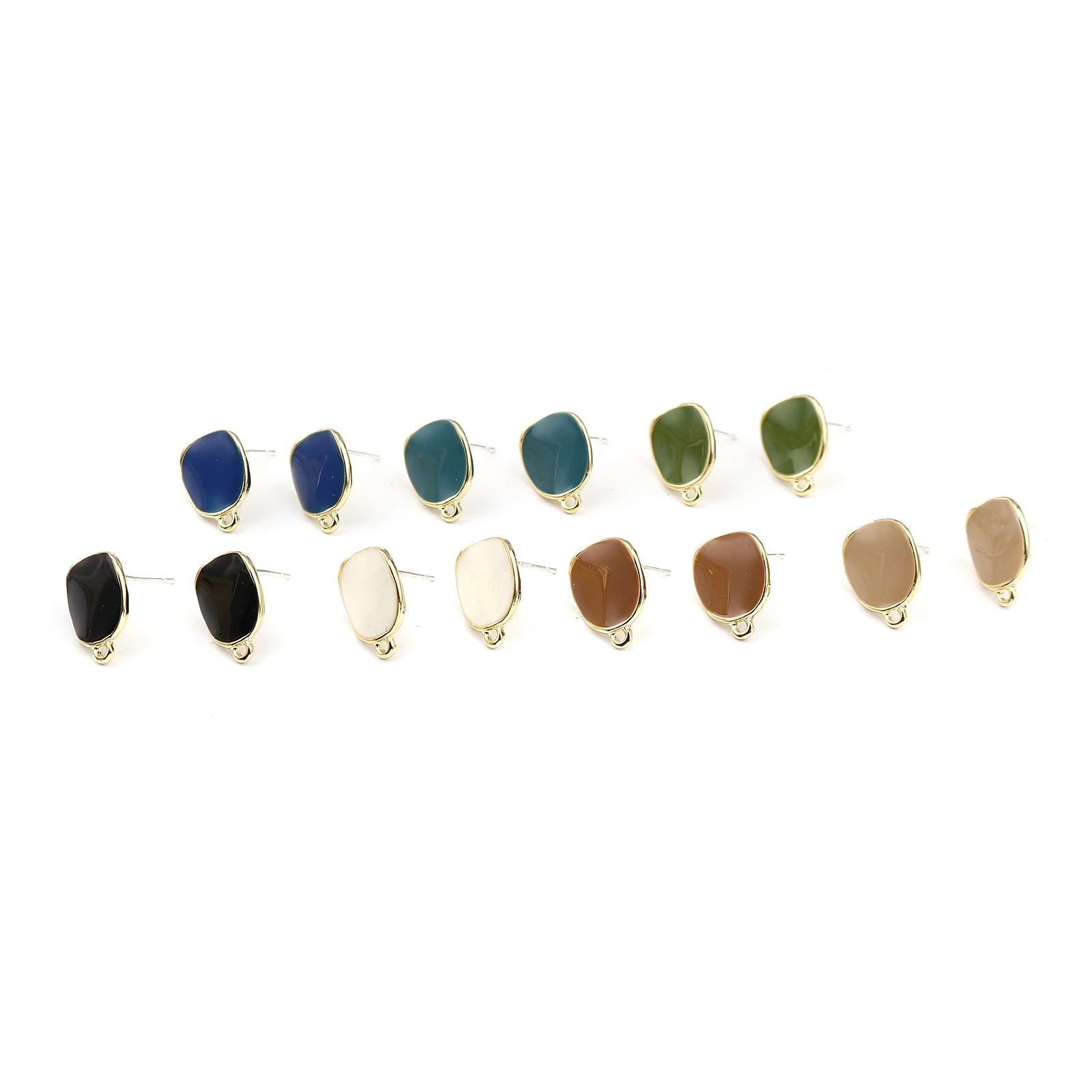 Doreen Box Fashion Ear Post Stud Earrings Findings Irregular Gold Color Green Round Enamel Handmade DIY Jewelry 15x12mm, 2Pairs