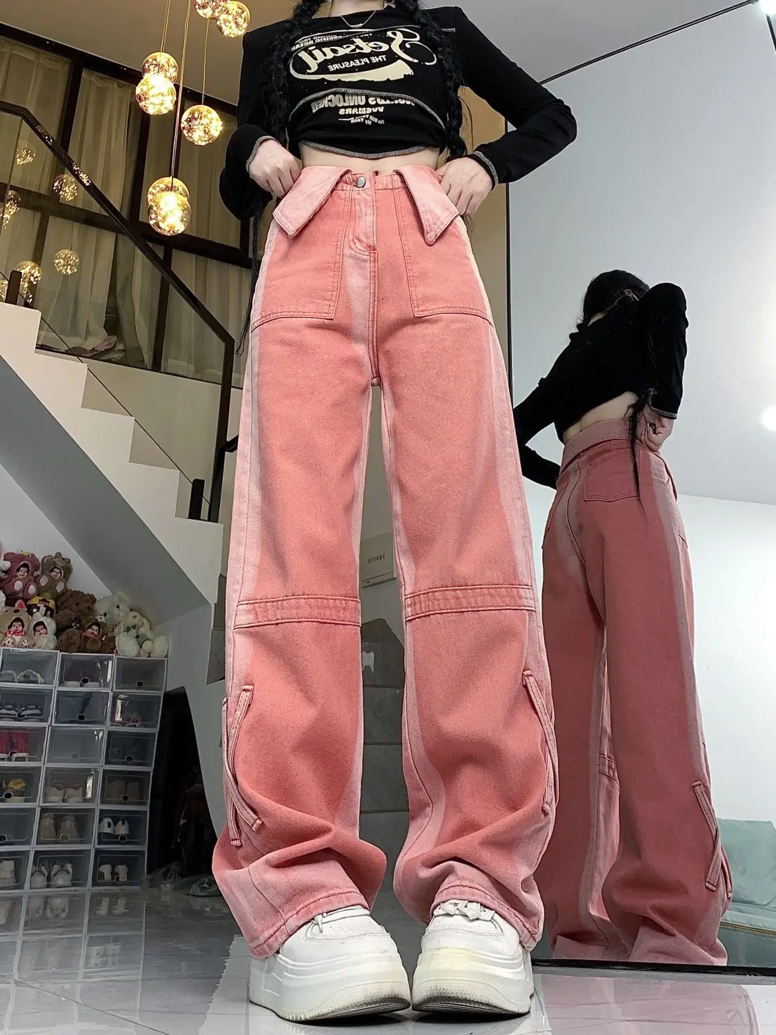 Jeans Flange Pink High Waist Baggy Harajuku Y2k Cowboy Pants Aesthetic Streetwear Women Vintage Wide Leg Straight Denim Trousers