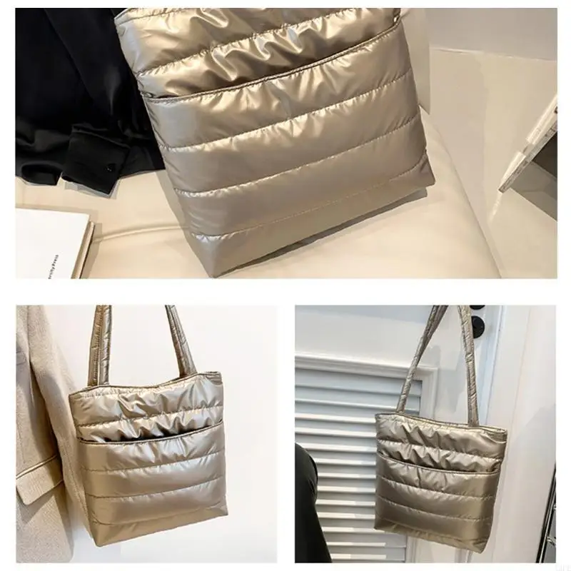 

Glossy Quilted Handbag Spacious Female Casual Padded Shoulder Bag for Daily Use