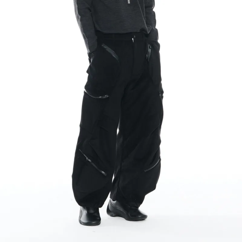HKSH Autumn Winter New Men Dark Split Multi-Pocket Wool Pleated Design Trendy Loose Casual Elastic Waist Wide Leg Pants HK19070