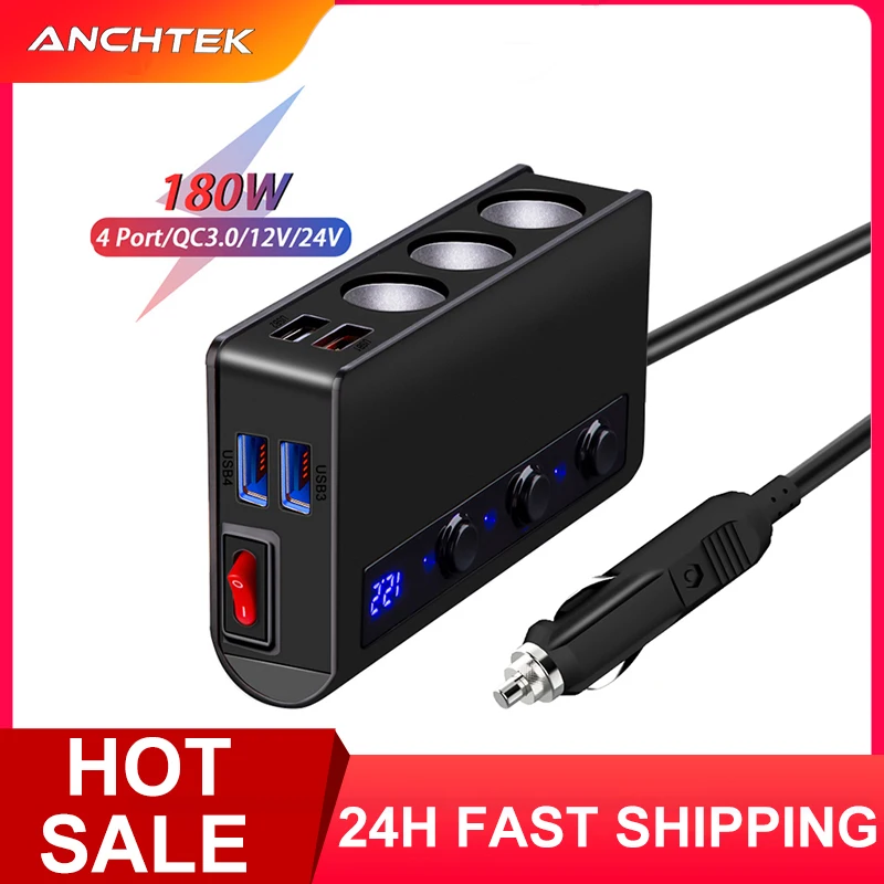 Anchtek 180W Car Cigarette Lighter Splitter Fast Charger QC3.0 12/24V 4 Ports Auto USB Charging Socket Adapter with Switch