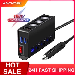 Anchtek 180W zapalniczka samochodowa szybka ładowarka QC3.0 12/24V 4 porty Auto gniazdo ładowania USB Adapter z przełącznikiem