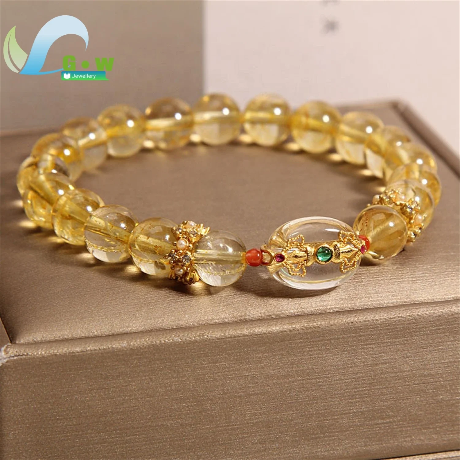 Golden Rutilated Quartz Beaded Bracelet Natural Citrine Stone Handmade Vintage Delicate Wrist Jewelry Women Minimalist Chic Gift