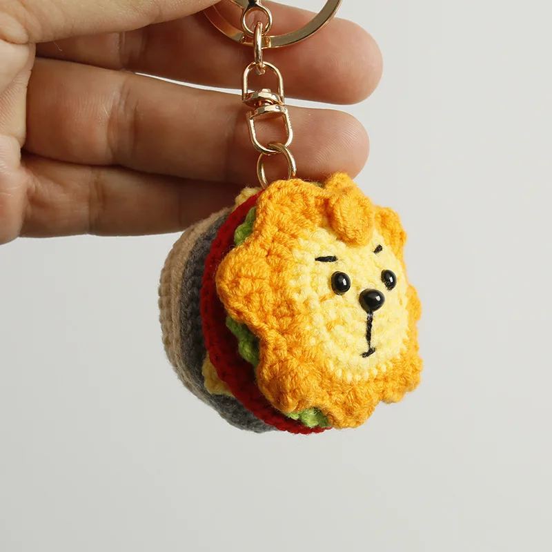 

Funny Hamburger Series Animal Doll Keychains Handmaking Hamburger Lion Doll Crochet Keychains Wholesale Knitted Bear Keyrings