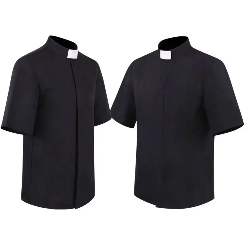 Priest Shirt Pastor Men Clergy Stand-Up Tab Collar Catholic Church Minister Preacher Short Sleeve Tops Roman Blouse S-5XL MN4