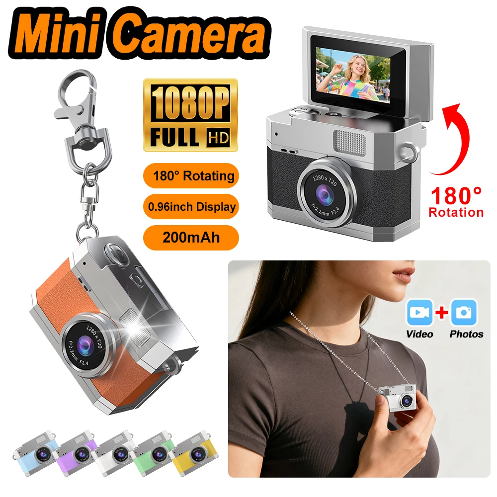 

1080P HD Thumb Mini Camera Keychain Retro Digital Cameras Travel Outdoor CCD Cam with Flip Screen Support Memory Card for Kids