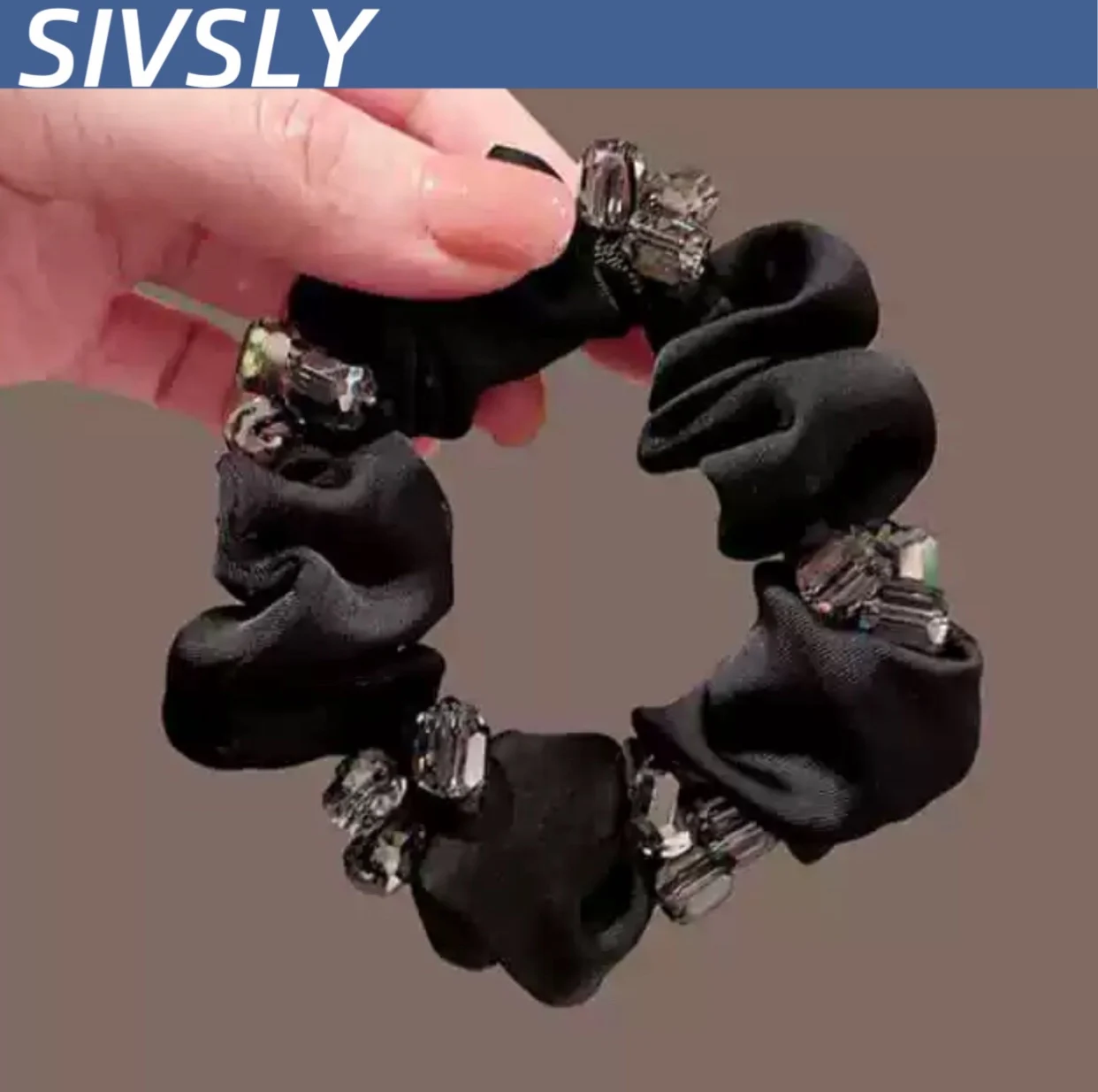 

High-end Korean style 2025 new crystal large intestine elastic hair tie black simple leather strap girl's hair tie temperament