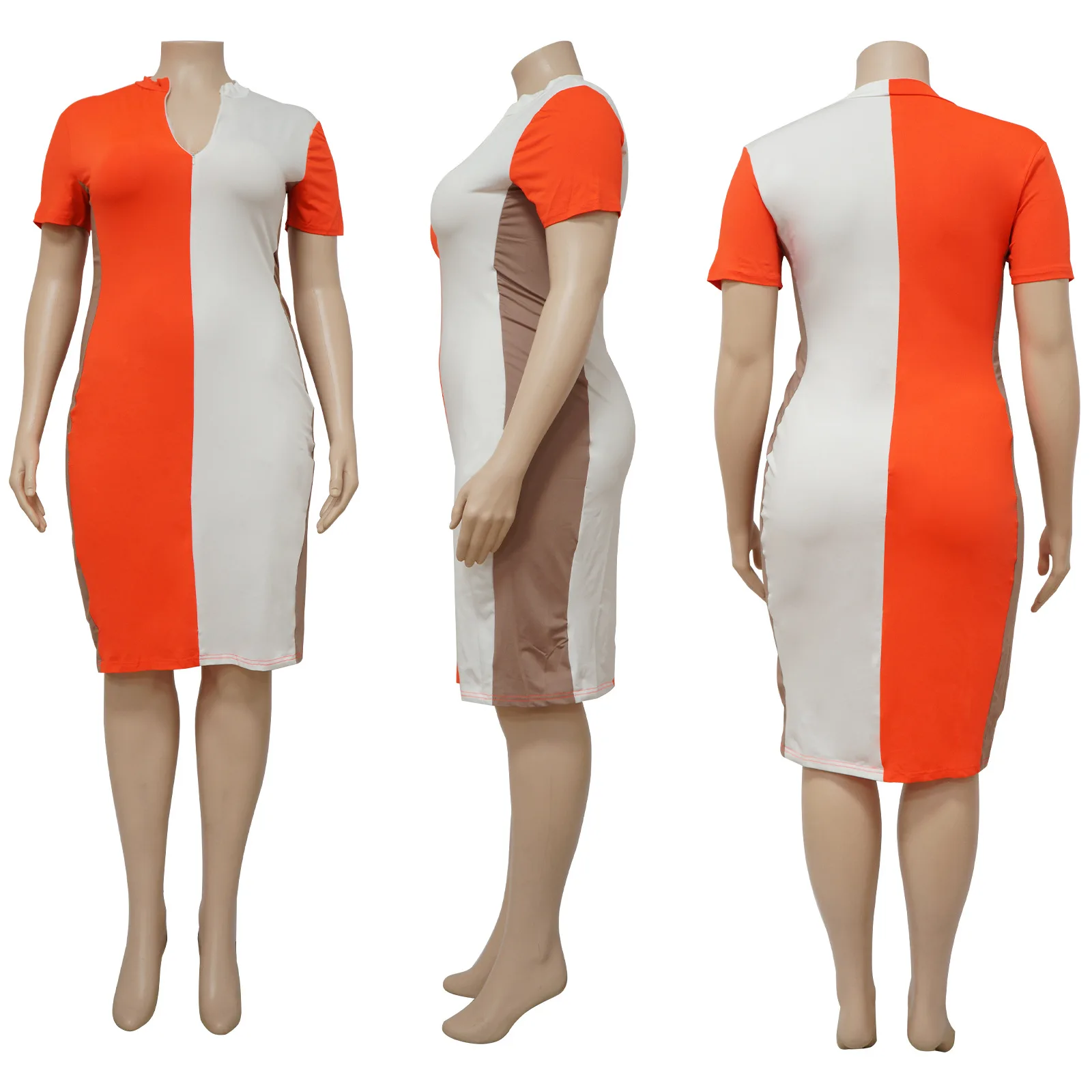 2022 Mode Zomer Vrouwen Plus Size Jurk Contrast Color Crew Kraag Korte Mouw Midi Bodycon Jurken Groothandel Dropshipping