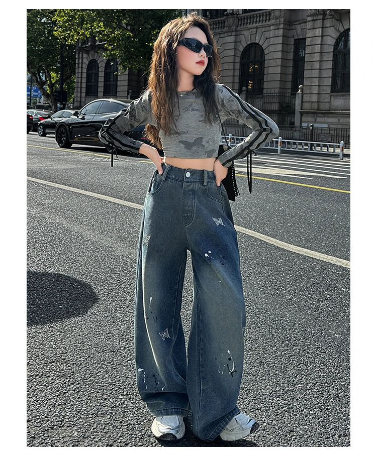Neue Kinder-Modejeans mit Schmetterlingen für Mädchen, Stylische Gerade Denim-Hosen, Kinder-Teenager-Jeans im Loose-Stil – Detail 7