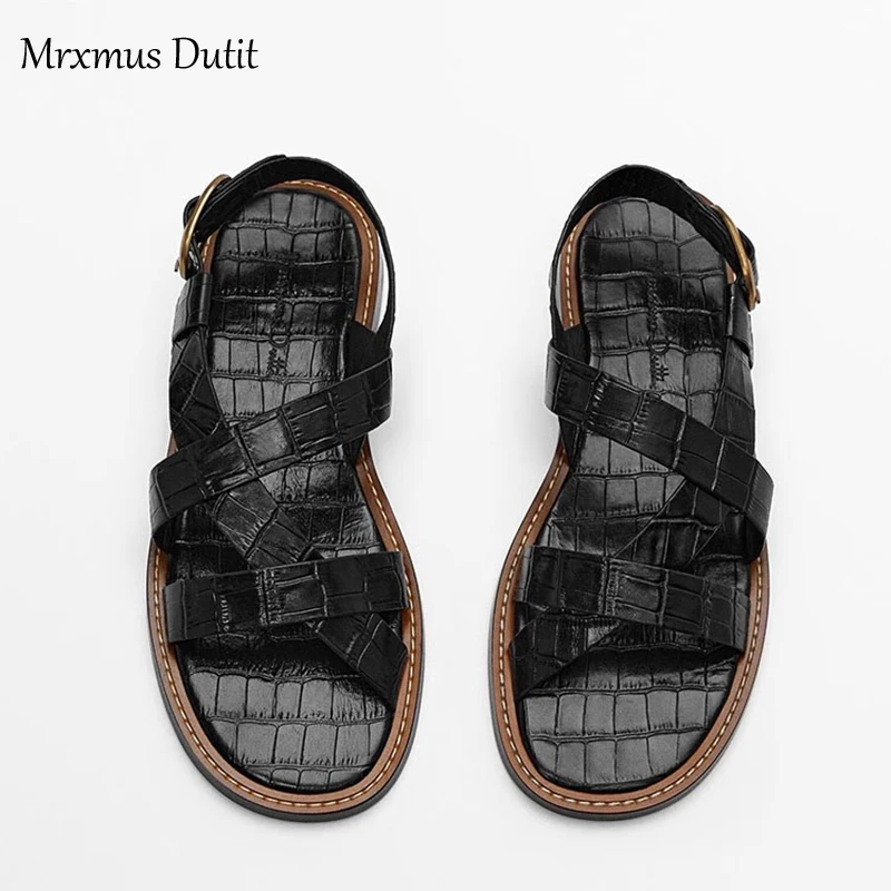 Mrxmus Dutit 2023 Spring Summer Fashion New Women Genuine Leather Round Head Flat Roman Sandals Simple Casual Shoes Female Chic