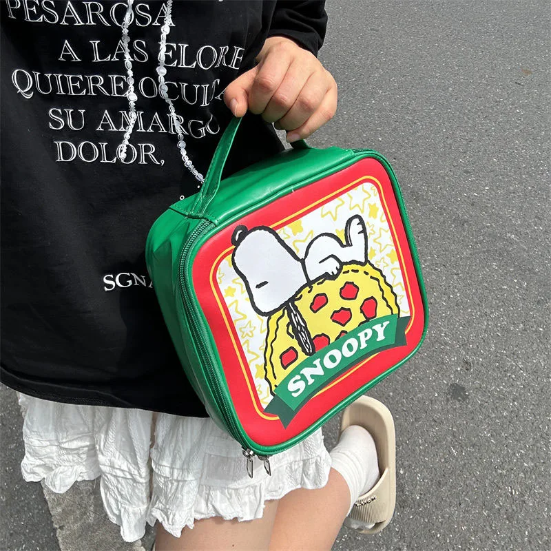 Cute Cartoon Snoopys borsa per il trucco Kawaii Anime Square Pizza Print borsa per il lavaggio impermeabile in pelle portatile di grande capacità