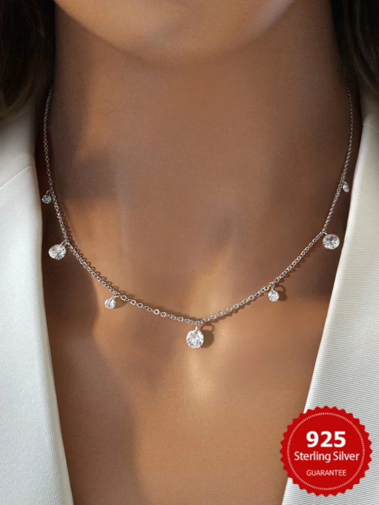 

925 Sterling Silver Fashion Simple Multicolor Round Zircon Tassel Necklace For Women Anniversary Party High Quality Fine Jewelry