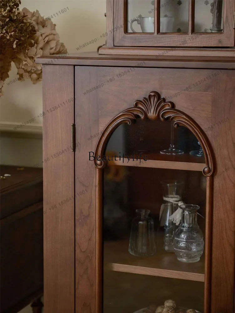 French Style Solid Wood Sideboard Antique Solid Wood Carving Storage Cabinet Arch Glass Storage Cabinet