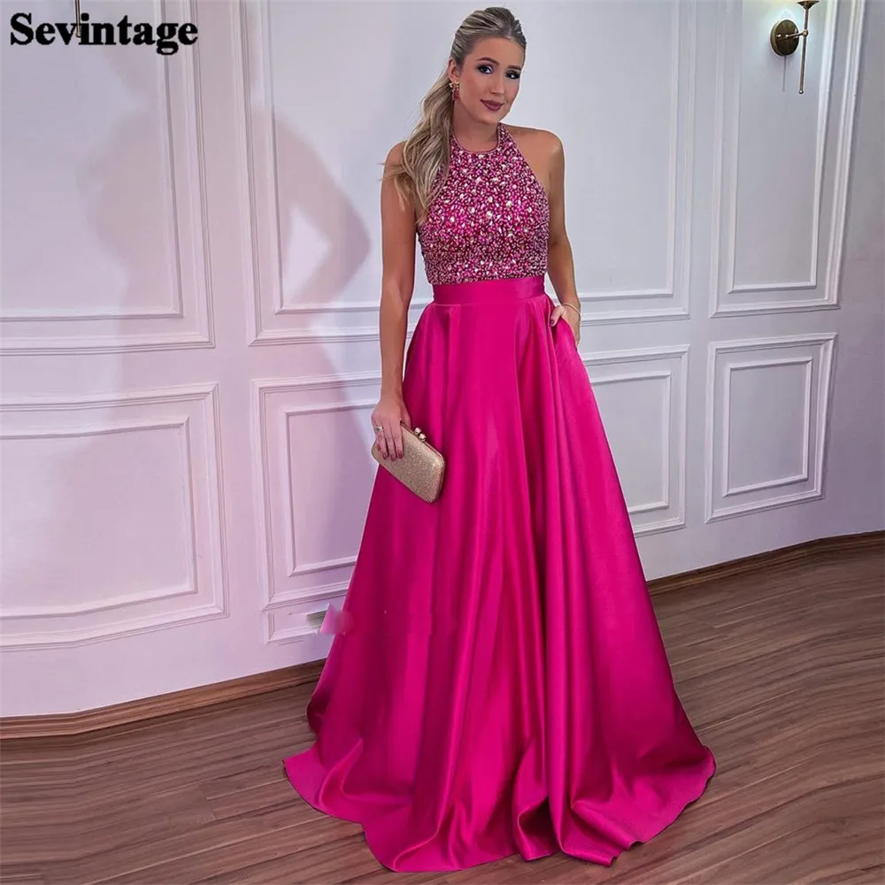 Sevintage Mature Fuchsia Satin Prom Gowns Halter Sequineds A-Line Pleat Ruched Backless Party Dresses Evening Gowns Outfits 2023