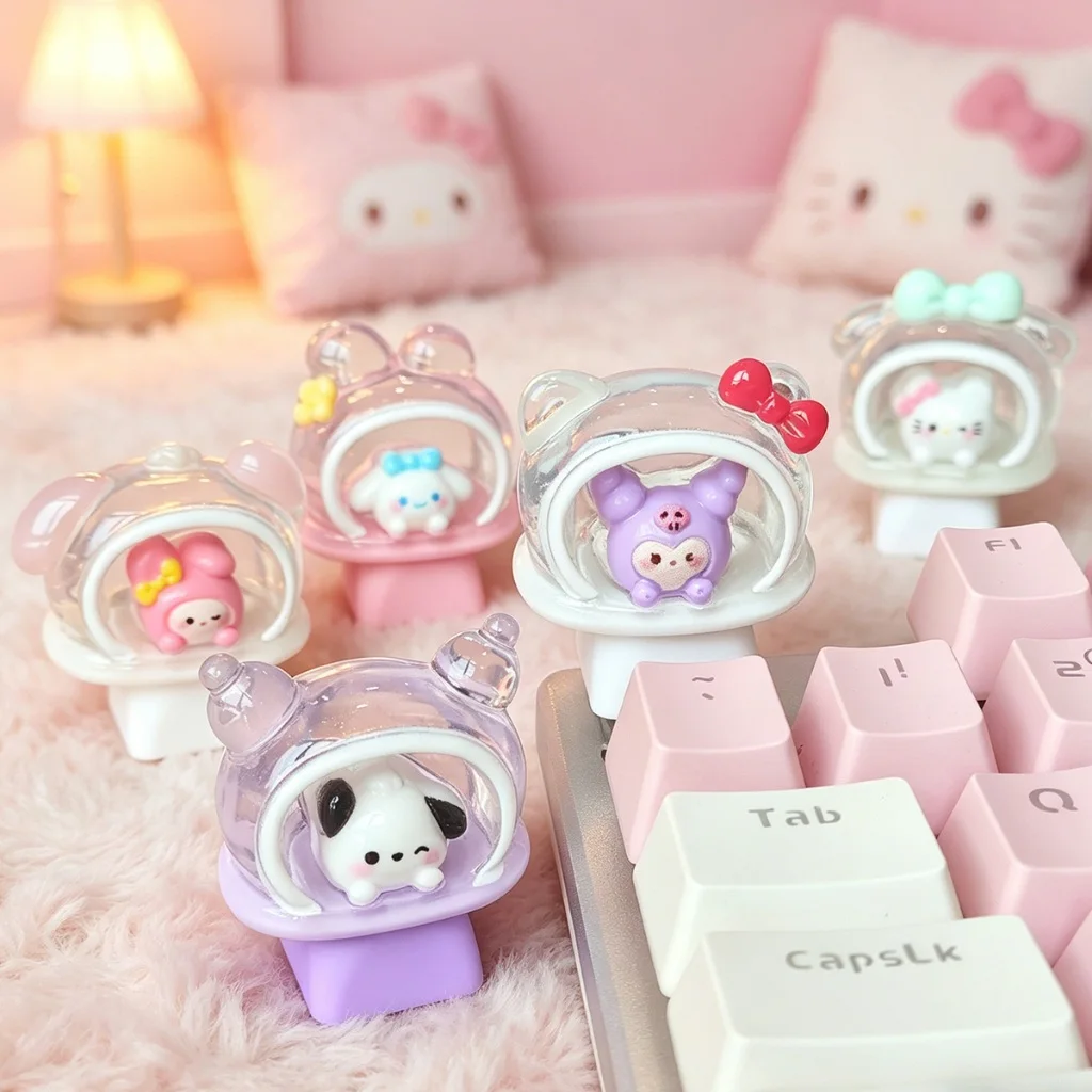 Ensemble de touches de clavier Kawaii Sanrios 3D sur le thème de l'espace : touches personnalisées Kuromi Hello Kitty pour clavier à interrupteurs mécaniques, décoration, cadeau