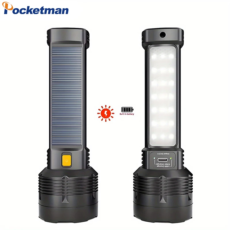 

Solar Powered LED Flashlight Emergency Tool Super Bright LED Torch USB Rechargeable Flashlights with 3 Light Mode