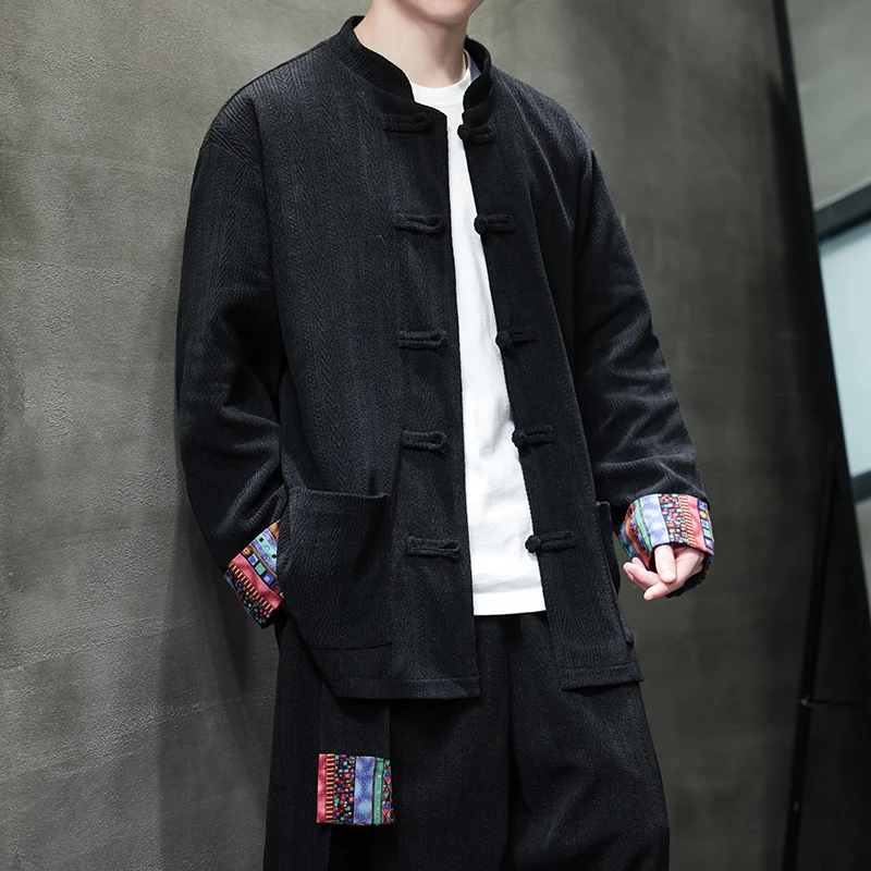 

Retro Corduroy Men's Jaet Youth Ethnic Print Loose Outerwear Traditional Chinese Sle Long Sve Stand Collar Coat
