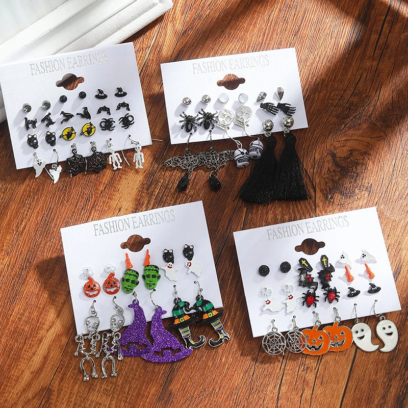 1Set Halloween Series Earrings Women Skeleton Ghost Cross Pendant Ear Studs Gothic Multi-Pack Earring Trendy Funny Jewelry Set