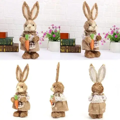 32cm Handmade Figurine Standing Bunny Ornament with Carrot Straw Rabbit for Easter Home Decorations Dolls Kids Gift Statue