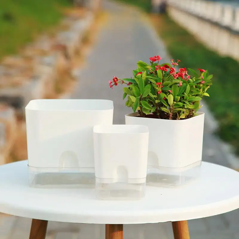 White Self Watering Plant Pot Square Double Layer Flowerpot For Home Indoor And Outdoor Balcony Garden Plants Decor Flowerpot