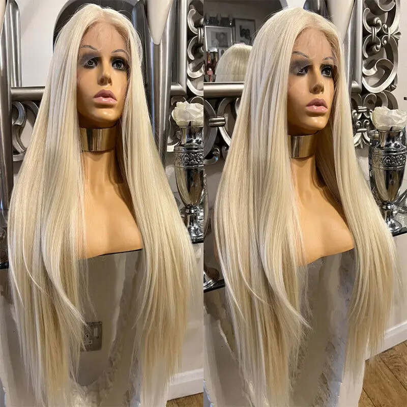 

Heat Resistant Hair Platinum blonde Long Straight Natural Lace Front Wigs