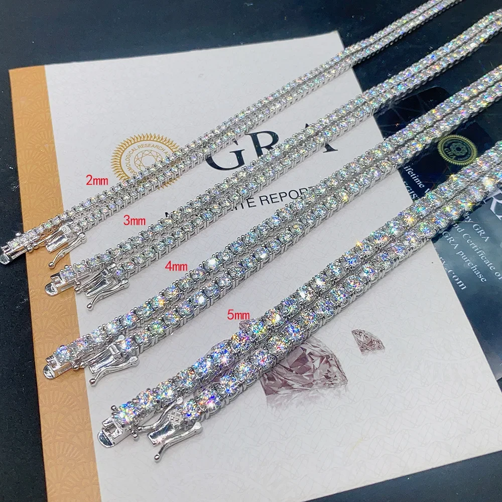 EWYA Full 2mm Moissanite VVS Micro Tennis Chain for Women Men 925 Silver Passes Diamond Tester 16 18 20 24 inch Necklace Gift