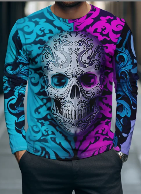 Men's Plus-Size Quick Dry Long Sleeve T-Shirt, Unisex Fashionable Casual Top  ,Youth Skull  3D Graphic Print Streetwear