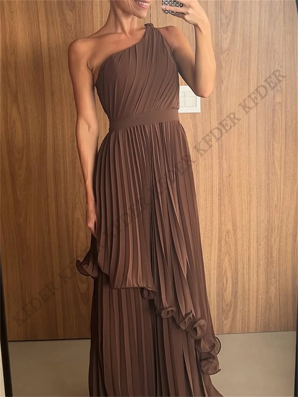 Bild 4: Grünes One-Shoulder-Abschlussballkleid, Partykleid, Chiffon, gestuft, A-Linie, Abendkleid für Damen, Promi-Galakleid, Vestidos, individuell gestaltet