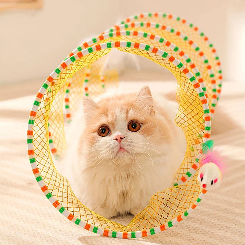 Folding Cat Tunnel S-Shaped Spring Cat Tunnel Plush Mouse Feather Toy Spiral Tunnel Interactive Cat Toy Cat Tunnel Pet Toy