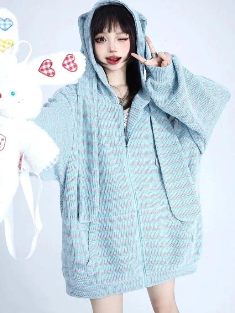 HOUZHOU Y2k Harajuku Kawaii Knitted Cardigan Japanese Fashion Cute Sweet Stripe Rabbit Ear Loose Zipper Coat Soft Girl 2023 Tops