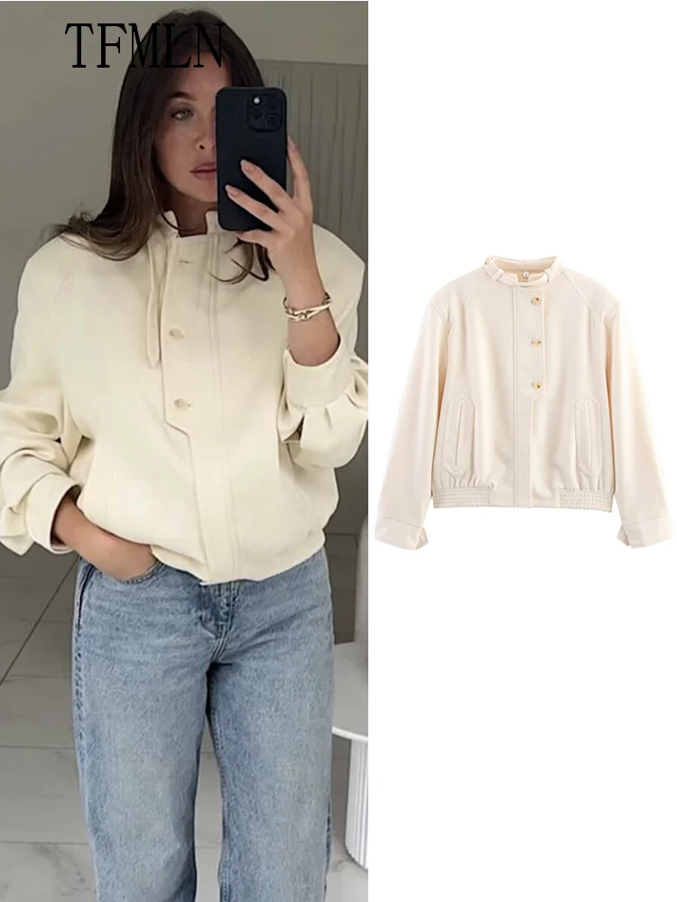 

TFMLN 2025 Autumn Women Solid Bomber Jackets Fashion Causal Zipper Pocket Chic Coats High Street Stand Collar Loose Outwear