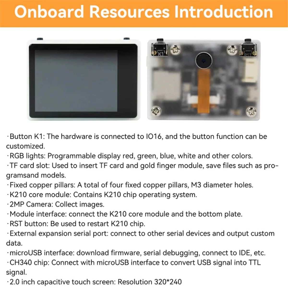 

RISEN K210 Visual Recognition Module with 2MP Camera OV2640 and 2.0-Inch LCD Capacitive Touch Screen for DIY Robot Car Kit