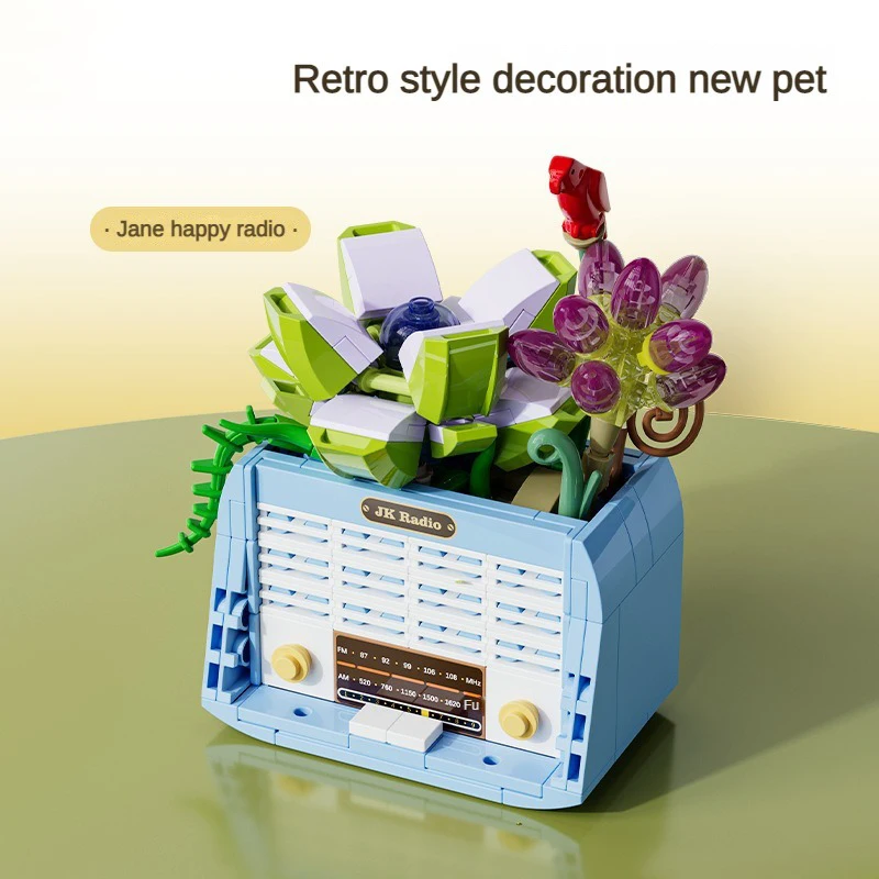 Blok bangunan partikel kecil kreatif, radio TV, blok bangunan sukulen kamera telepon bunga