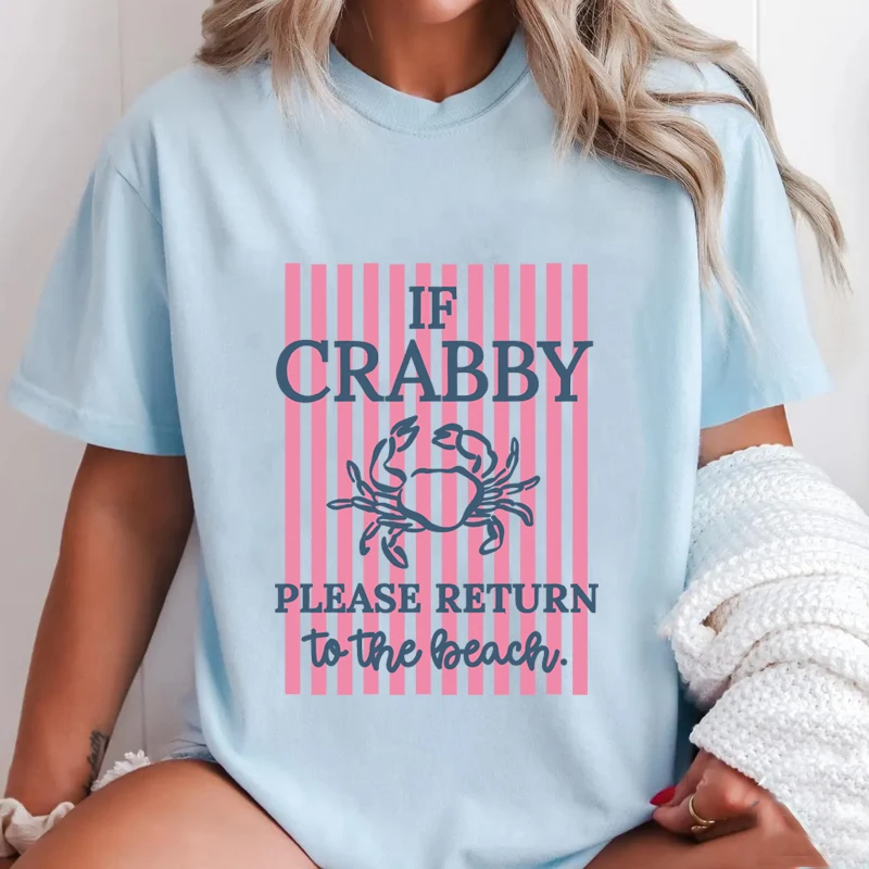 If Crabby Please Return To The Beach T Shirts Striped Short Sleeve Cotton Beach Vacation T-Shirt Design Funny Crab Graphic Tees