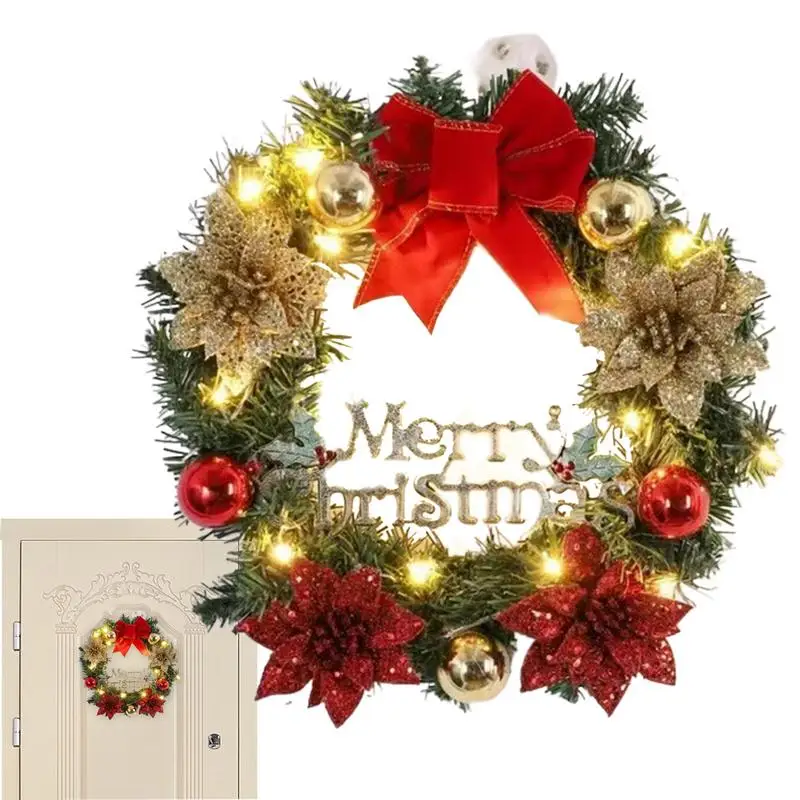 Christmas Wreaths For Front Door With Lights Large 15.75in Christmas Wreaths With Red Bow And Colored Balls Holiday Artificial