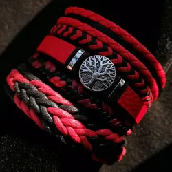 Red Jewelry Tree Blue 5Pcs/set Black Wrap Woven Fashion Handmade Male Women Leather Bracelets Men Bangle Wholesale Gift