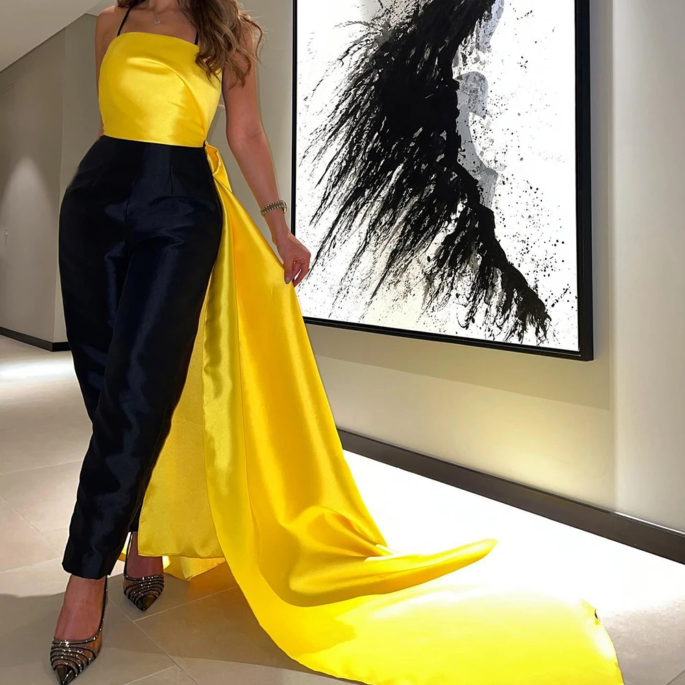 

Customized Temperament Satin Straight Spaghetti Straps Evening Dresses Strapless Sleeveless Panel Train Celebrity Gowns Formal