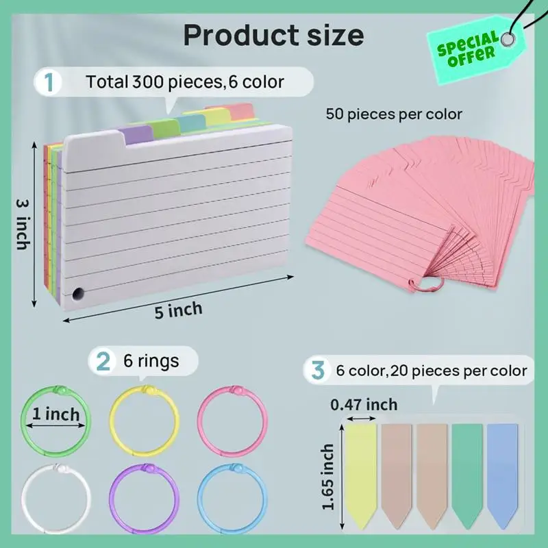 بطاقات فهرس A95Q-300، بطاقات فهرس مسطرة مقاس 3 بوصة × 5 بوصة مع حلقة، بطاقات فلاش مبطنة ملونة، بطاقات ملاحظات على كلا الجانبين