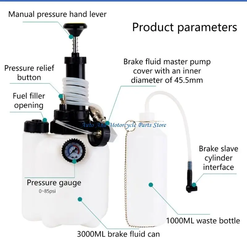 P9FD Ergonomic Brake Oil Extractors Manual Bleeding Tool 3L Capacity 4 Vehicle Adapter