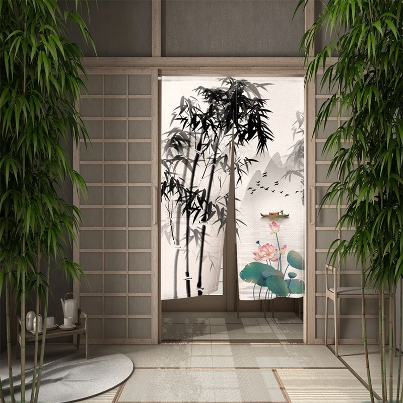 Chinese Traditional Bamboo Door Curtain Ink Painting Kitchen Dining Room Partition Curtains Drape Entrance Hanging Half-Curtain