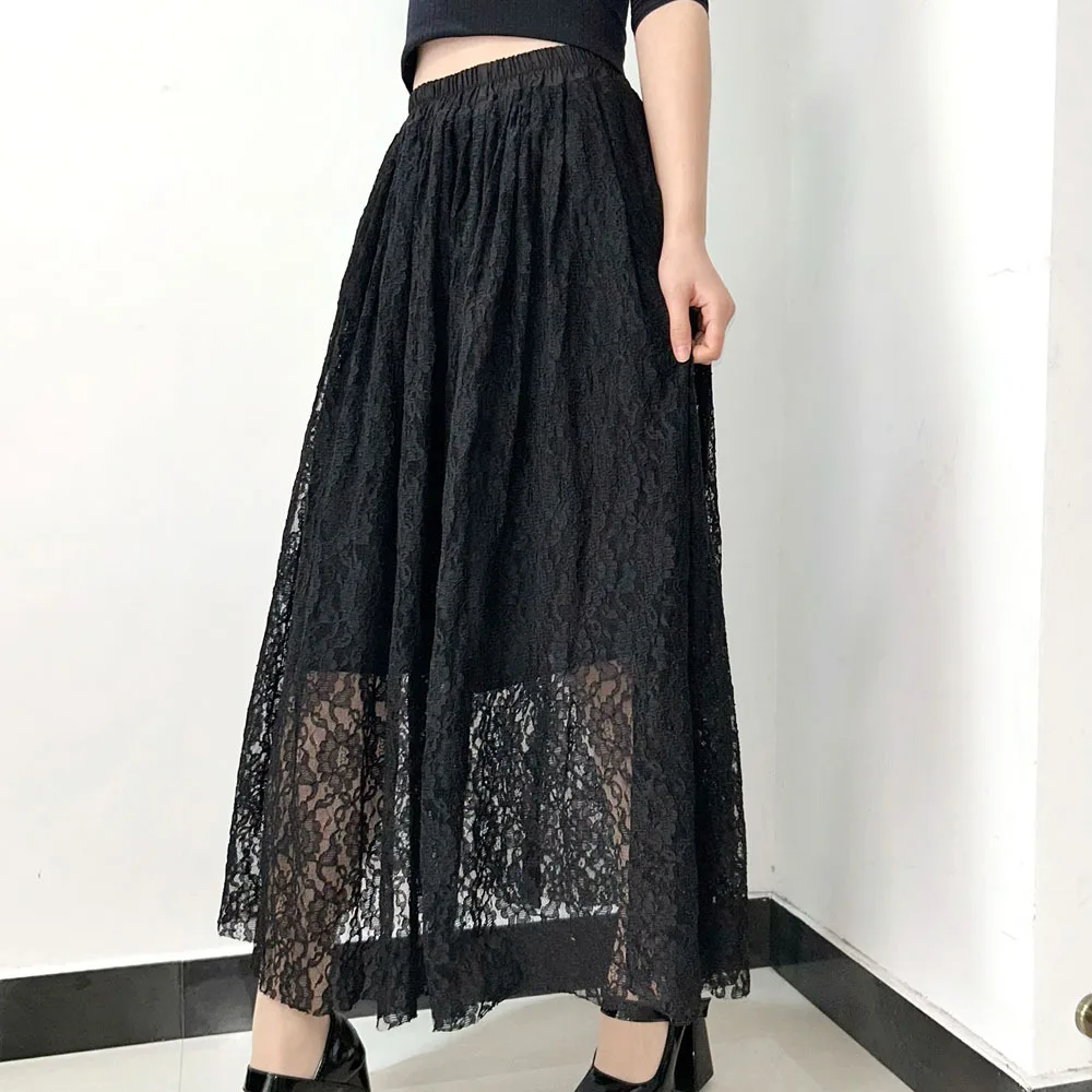 TIYIHAILEY Long Maxi Ladies A-line Elastic High Waist Women Lace Skirts Big Hem 2025 Black New Ladies